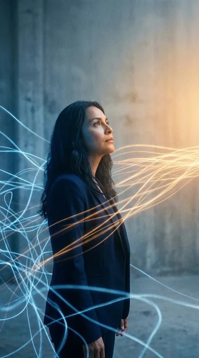 Elena rodeada de hilos de luz azul