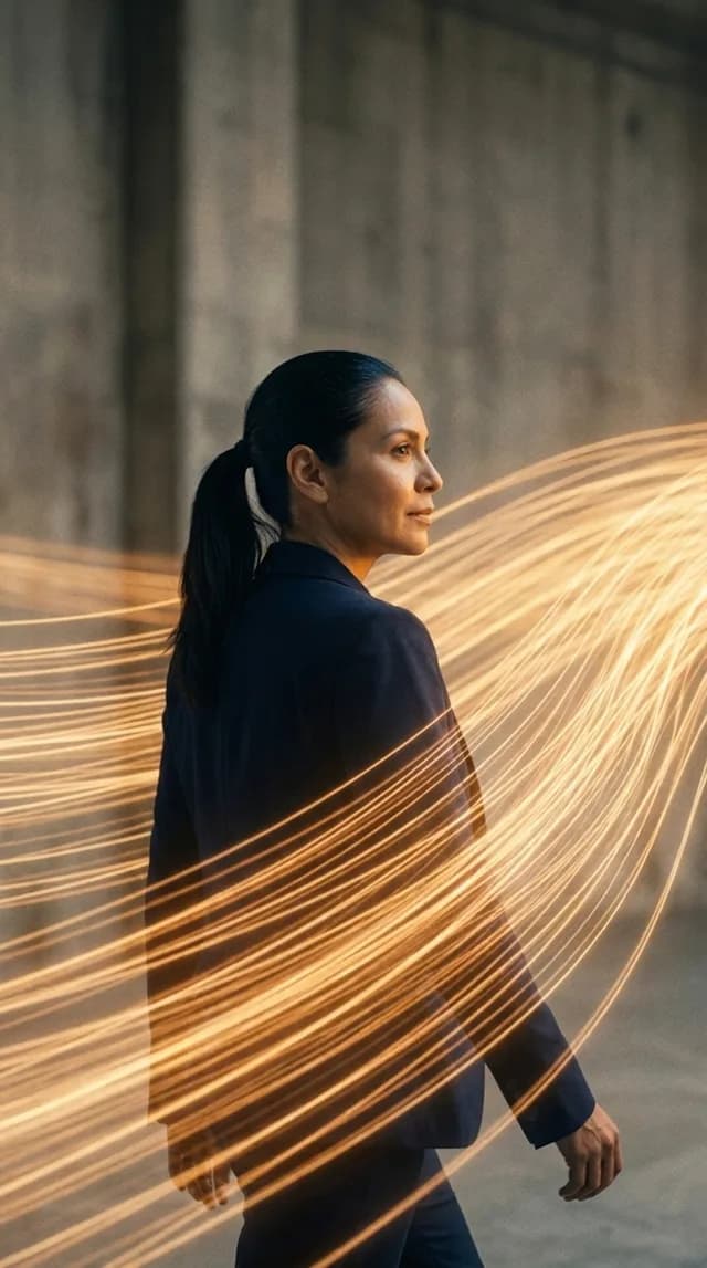 Elena camina entre trazos de luz dorada