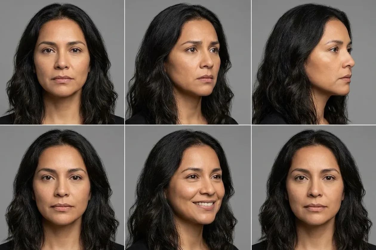 Hoja de personaje: el rostro de Elena desde seis ángulos