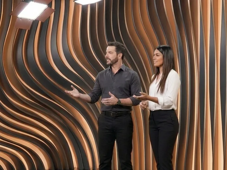El mismo espacio convertido en un set de madera ondulada con dos presentadores