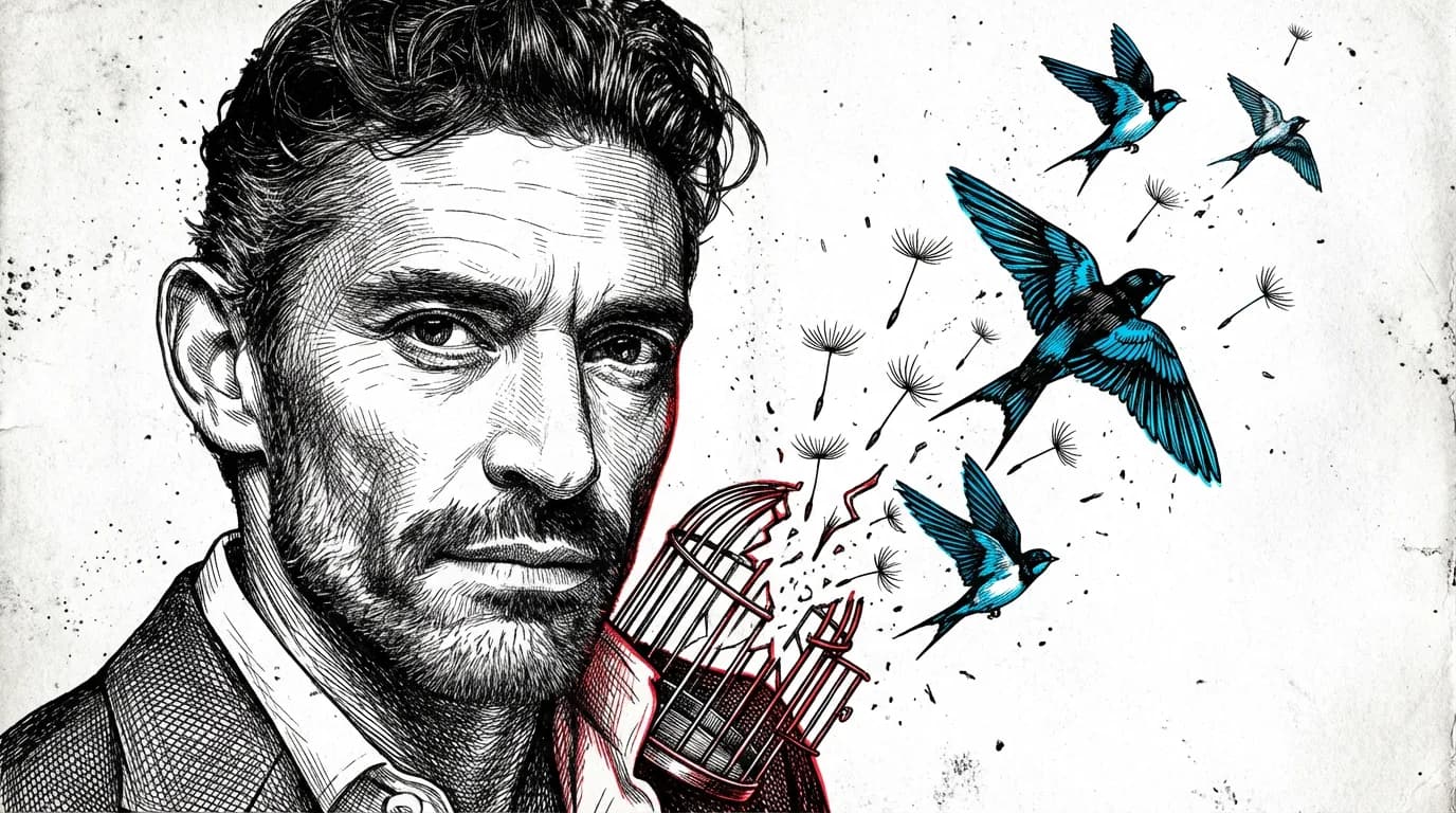 El mismo hombre en grabado a tinta, con golondrinas