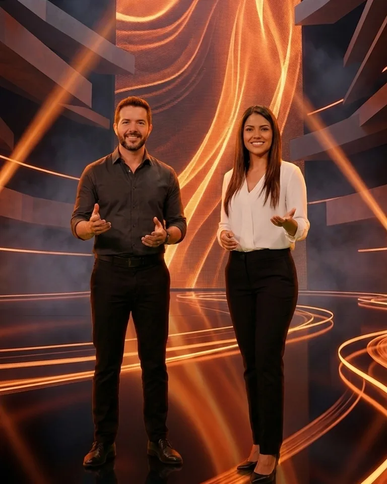 Los mismos presentadores en un set generado con luces naranjas