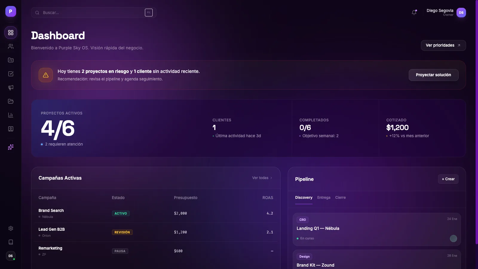 Purple Sky: Panel de control