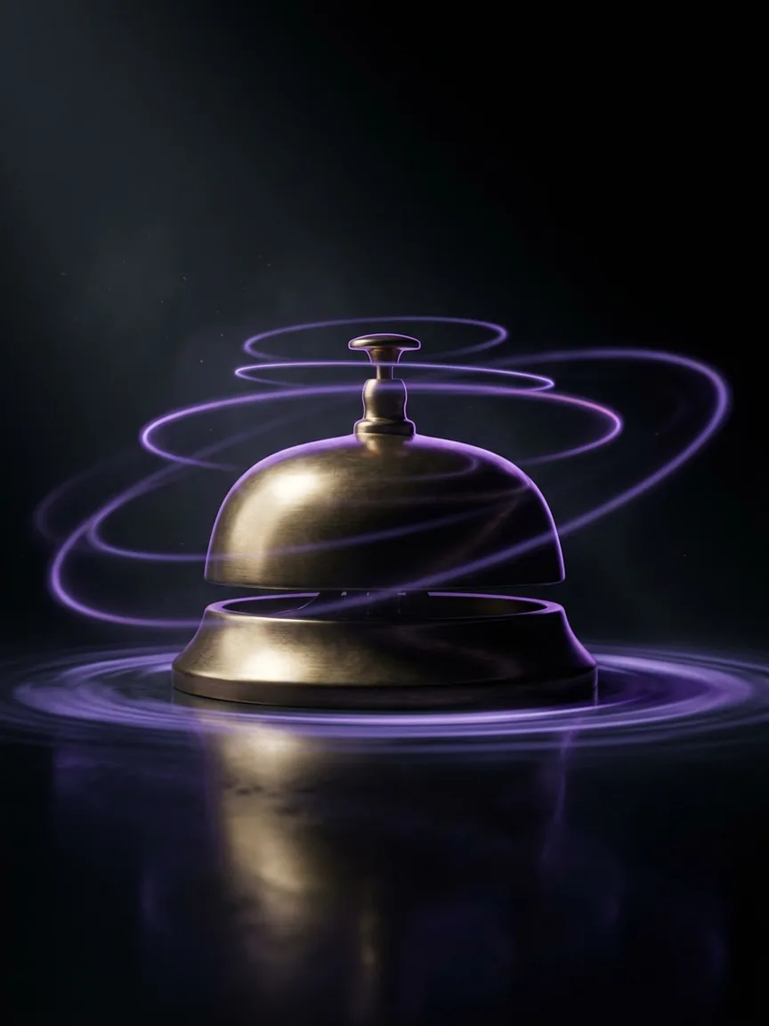 Un timbre de recepción de latón con ondas de luz violeta girando alrededor