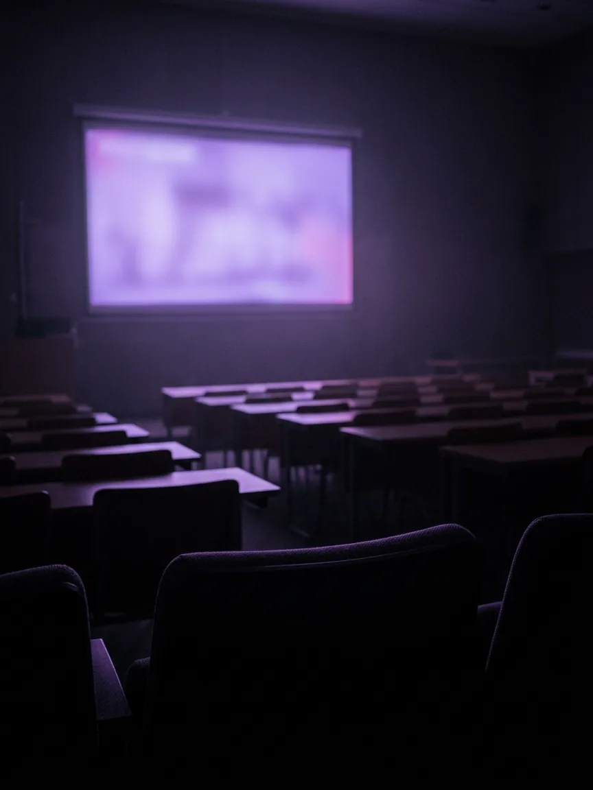 Un aula a oscuras con la pantalla del proyector encendida en violeta