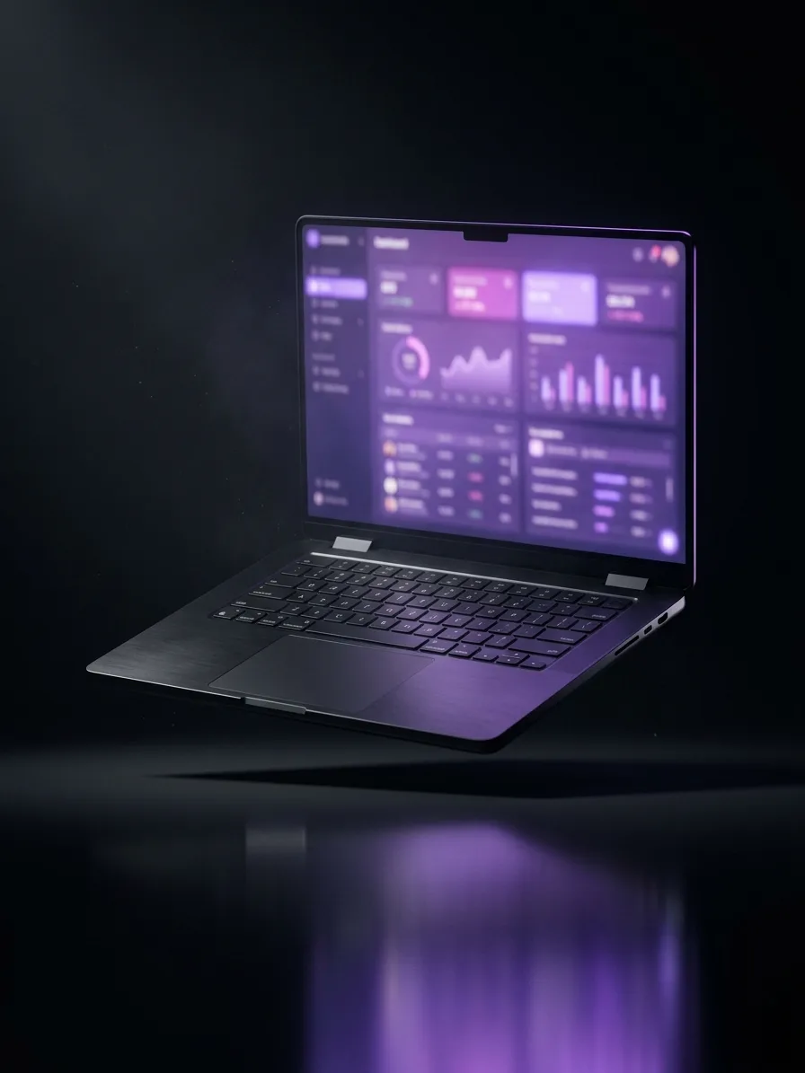 Un portátil flotando sobre fondo negro, con el panel de una plataforma encendido en violeta