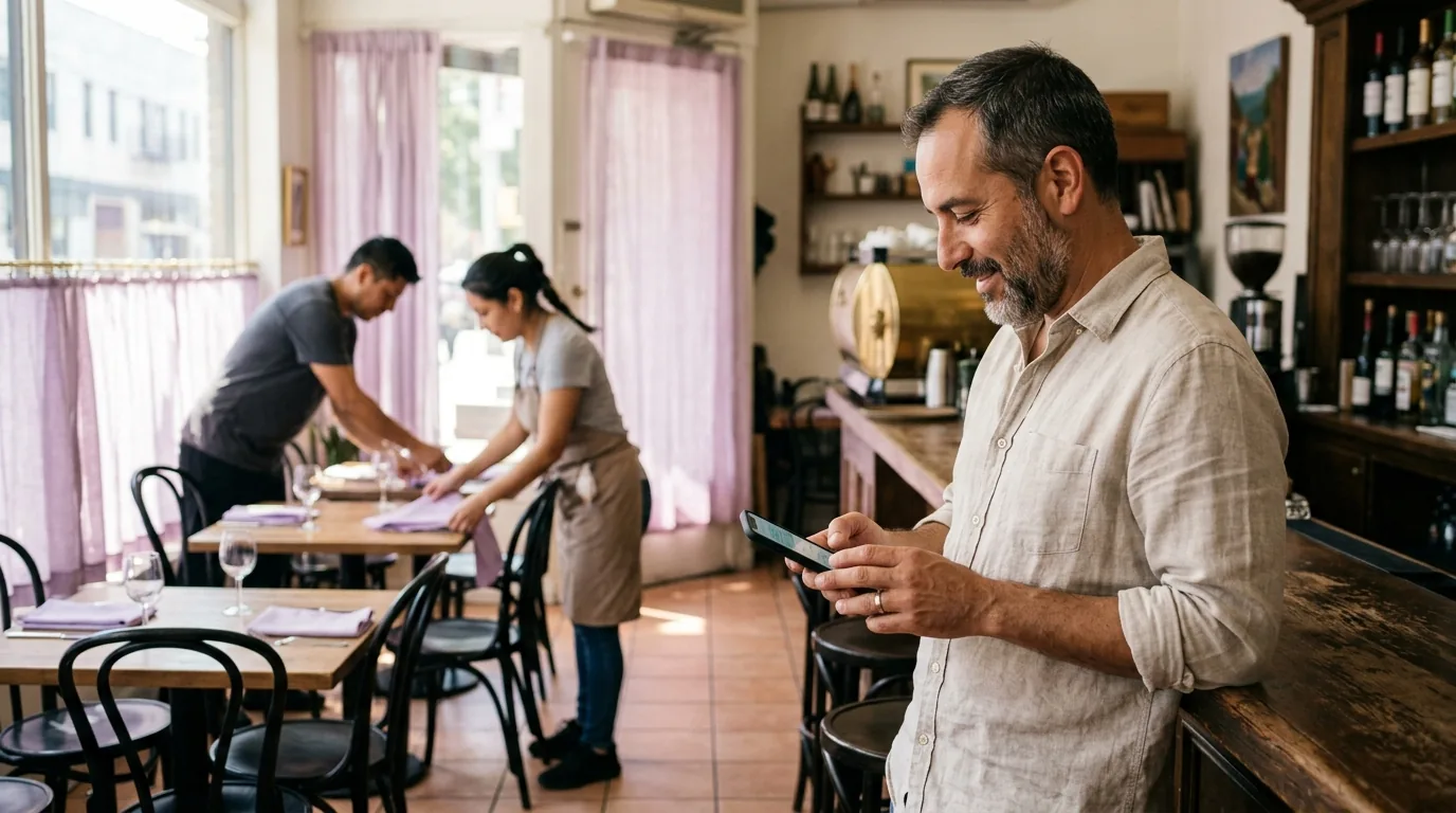 El dueño de un restaurante revisa su teléfono con calma mientras su equipo prepara el servicio