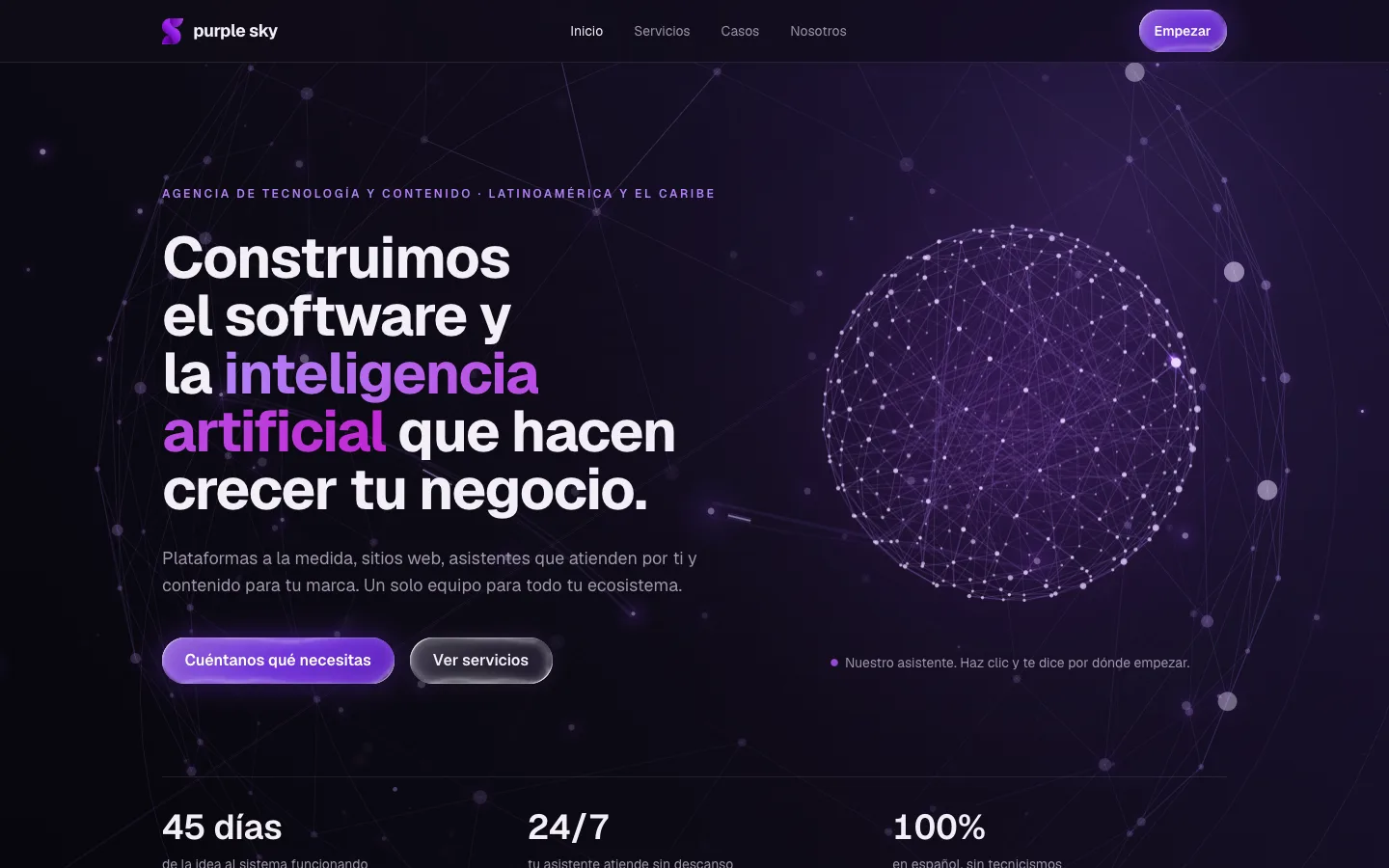 La portada de la web de Purple Sky en un navegador, con la esfera del asistente